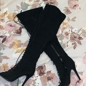 Great shape over the knee high heel lace up boots